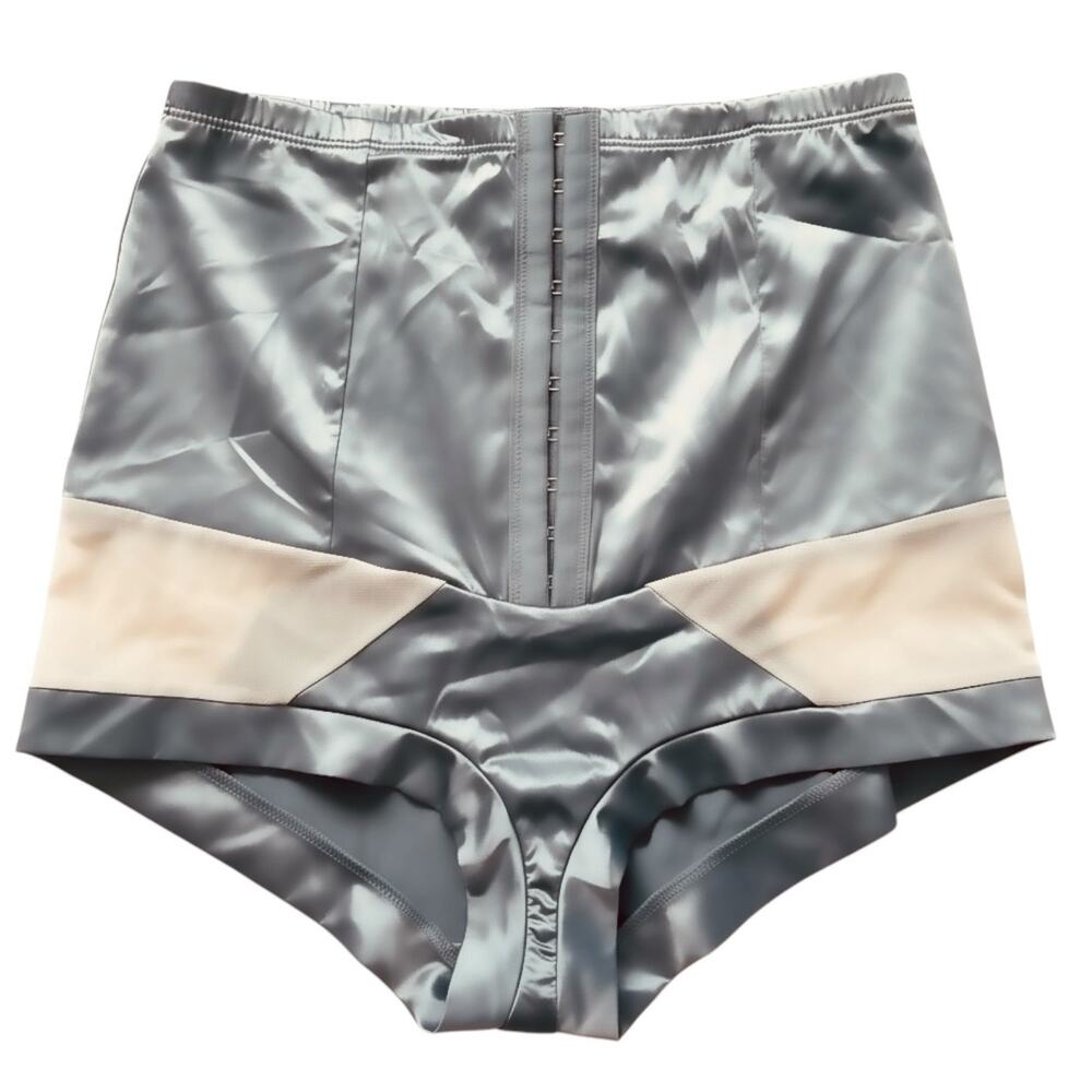 NWOT Satin High Waist Hook & Eye Closure Stretch Panty Silver/ Nude Fits 27 / S